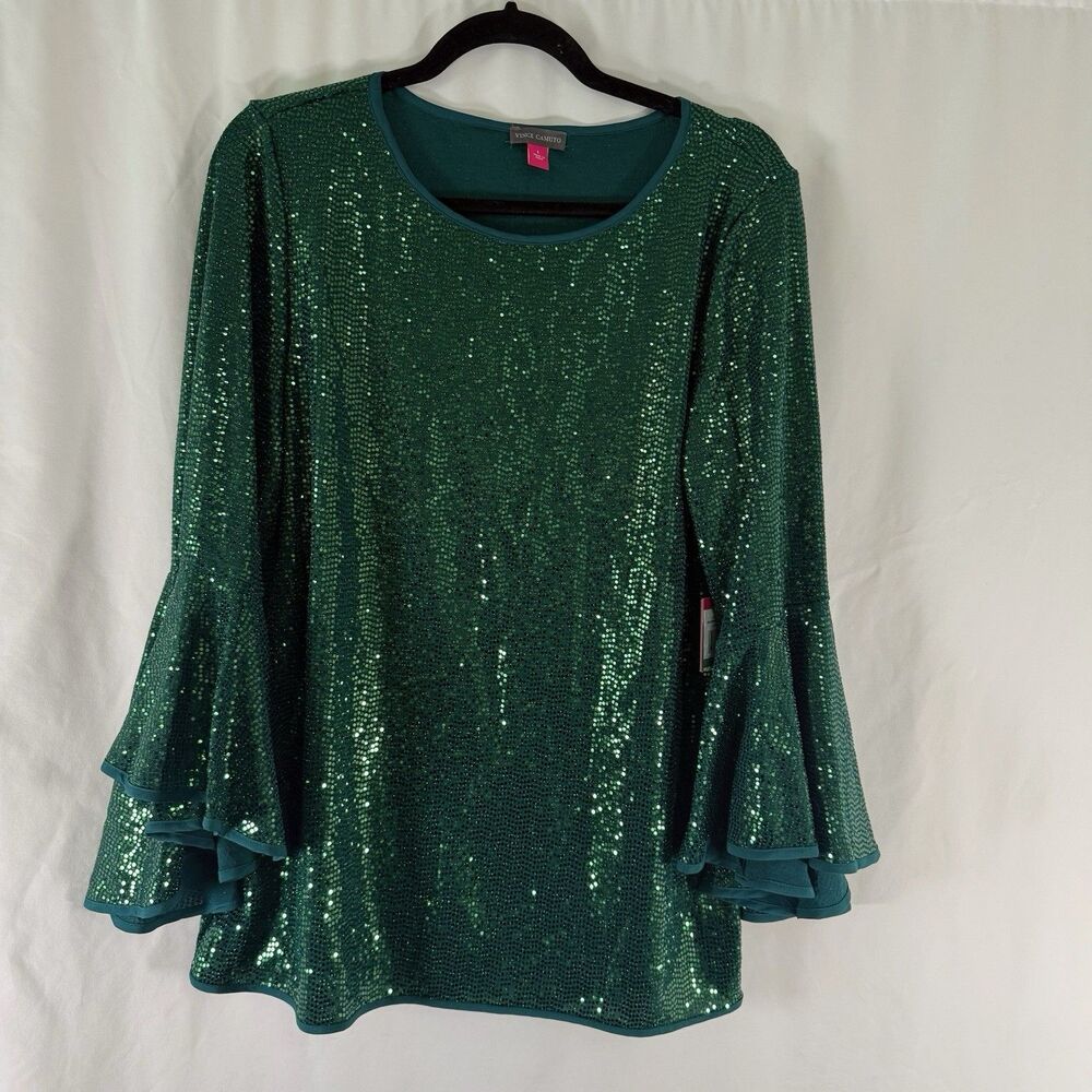 New Vince Camuto Blouse Women's Large Green Sequin Long Bell Sleeve Round Neck